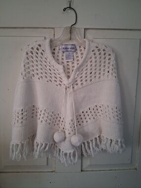 Vintage Kobe Kids White Knit Fringe Poncho Sweater with Pom-Pom Ties Sz 4